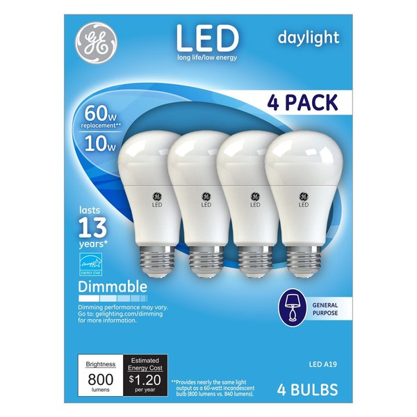 Ge LED Daylight A19 Dimmable Light Bulb, 10 W, PK4 67616